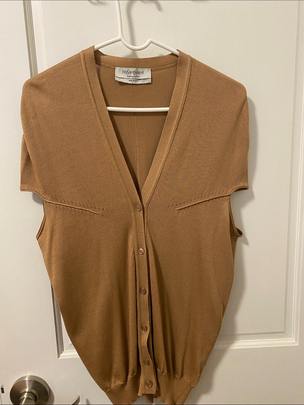 Yves Saint Laurent Tan cap sleeve Sleeveless V-Neck Button-Front Cardigan Sz S